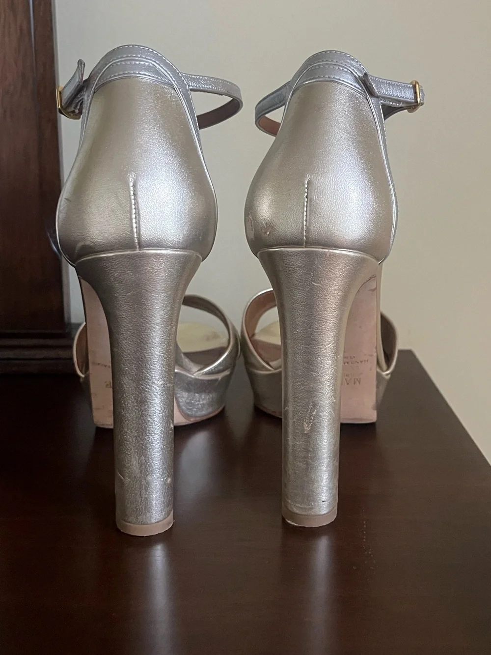 Malone Souliers Silver Metallic Platform Ankle-Strap Heels